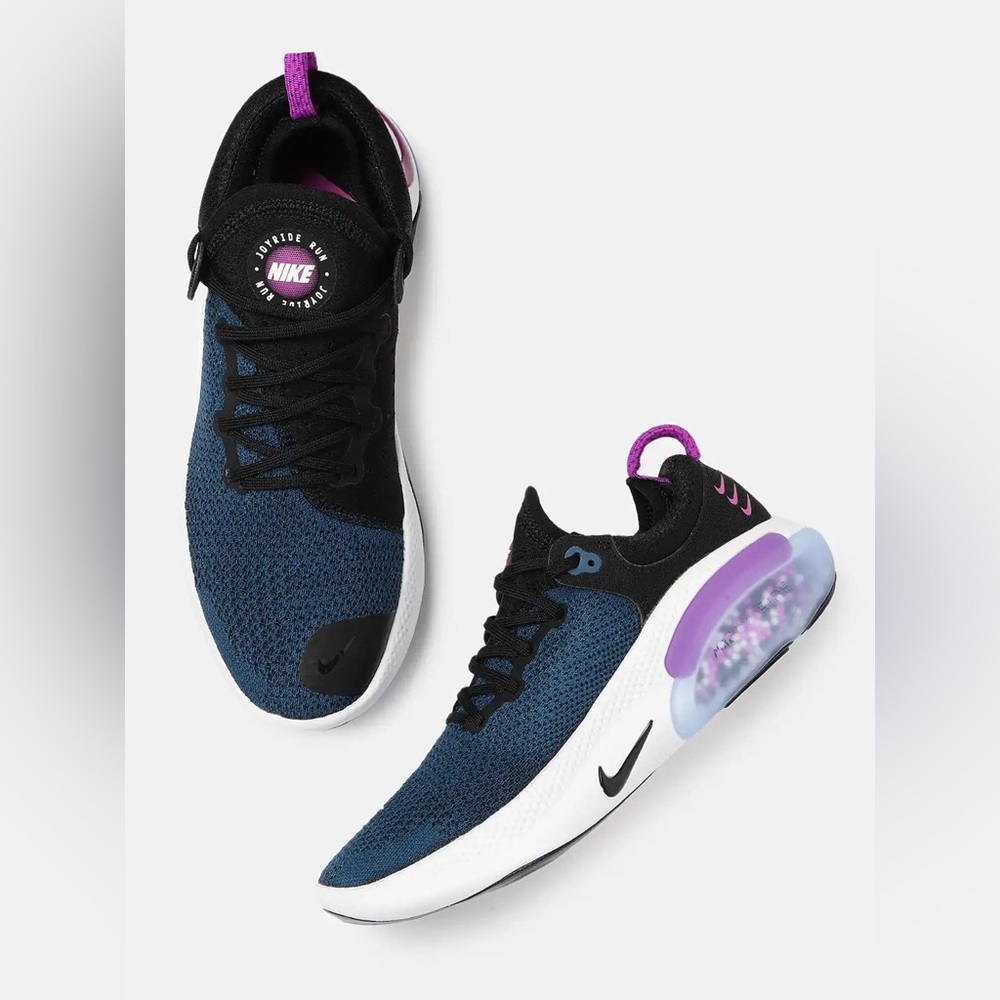 Nike Blue and Black Knit Running Shoes with Purple Tabs